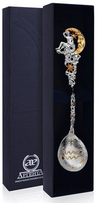 Серебряная чайная ложка «Зодиак Зодиака Водолей» с золочением в подарочном футляре